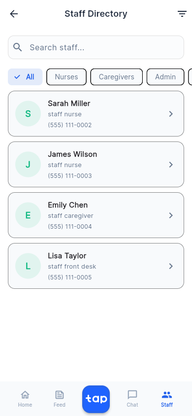 Light mode staff directory screen for family users