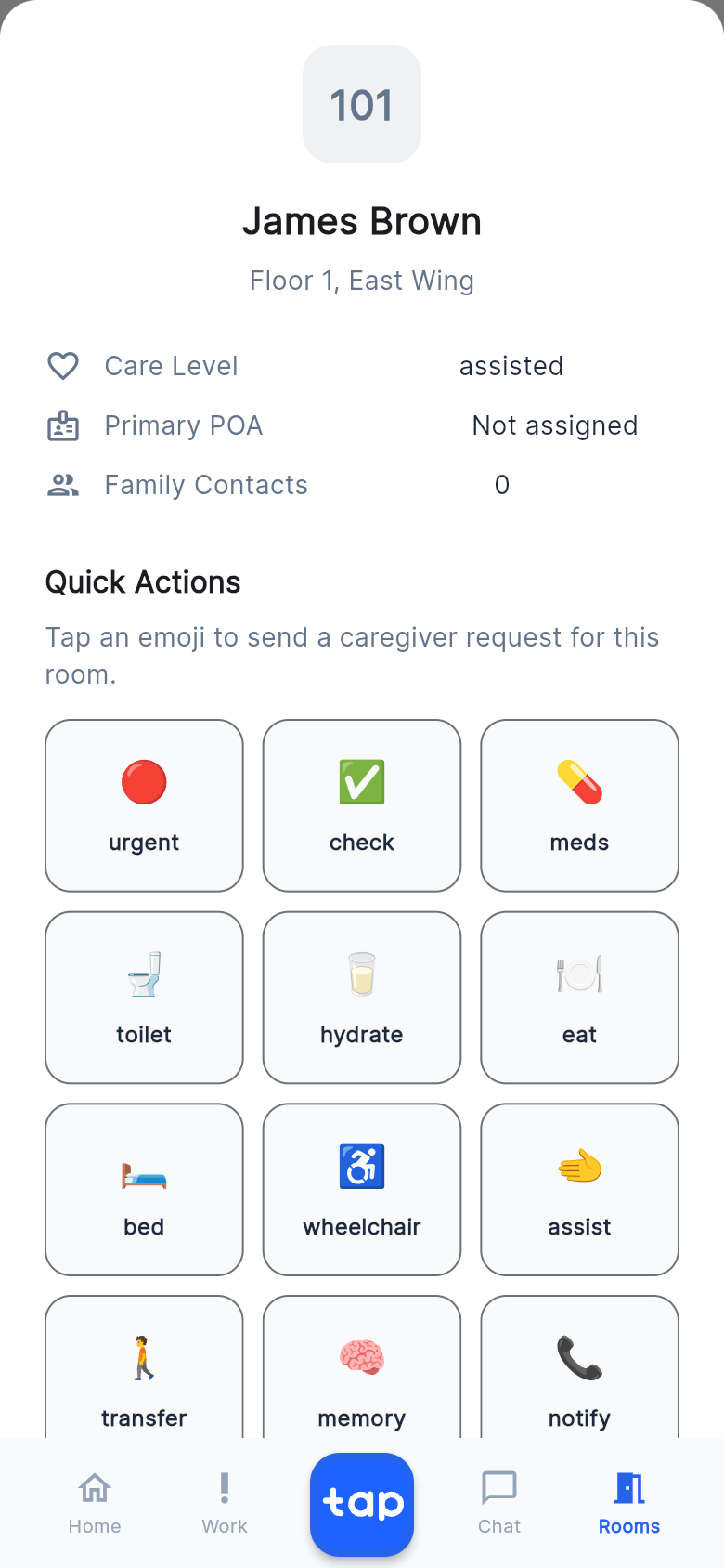 Light mode room details sheet with care level, POA status, and caregiver quick actions