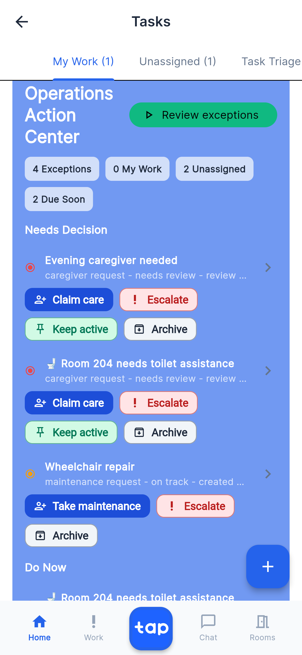 Tap Family staff tasks screenshot